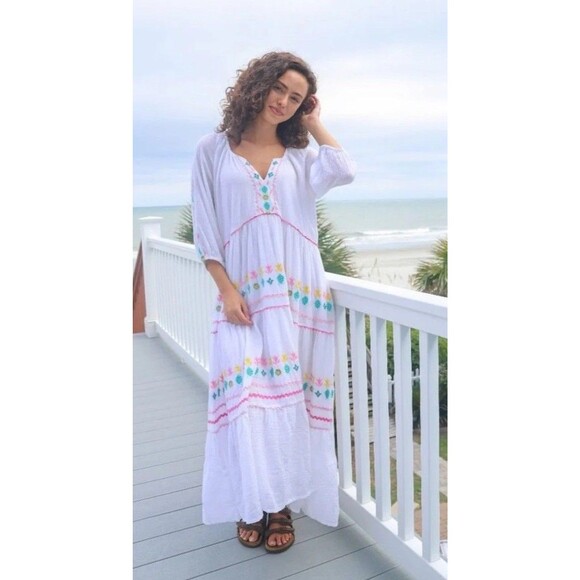 Simply Southern Dress Medium Embroidered Maxi Turtle Flowers Beachy Resort Gauze - Picture 1 of 12